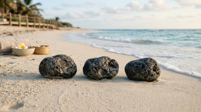 Serene beach scene with three dark volcanic rocks in the foreground and gentle waves lapping the shore.
