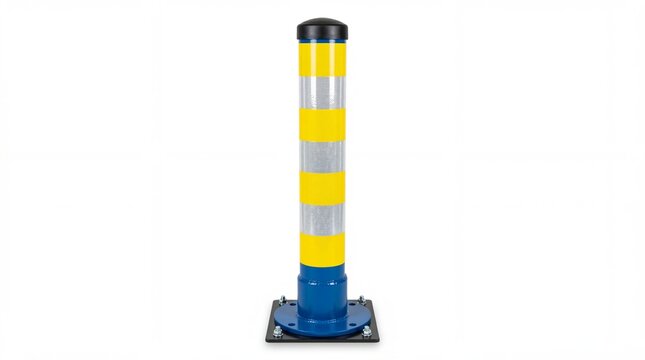 A vertical yellow and white reflective delineator post with a sturdy blue circular floor mount