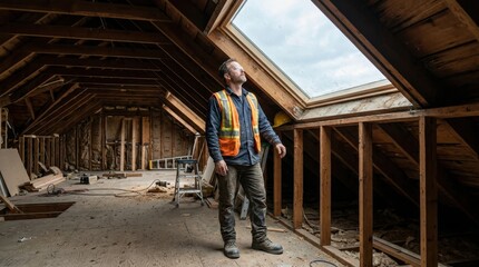 Fototapeta premium Construction foreman in safety vest inspecting attic framing under skylights