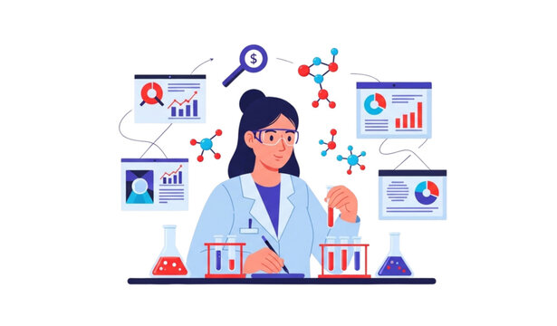 Flat illustration of female scientist performing chemical experiments with research and data analysis icons