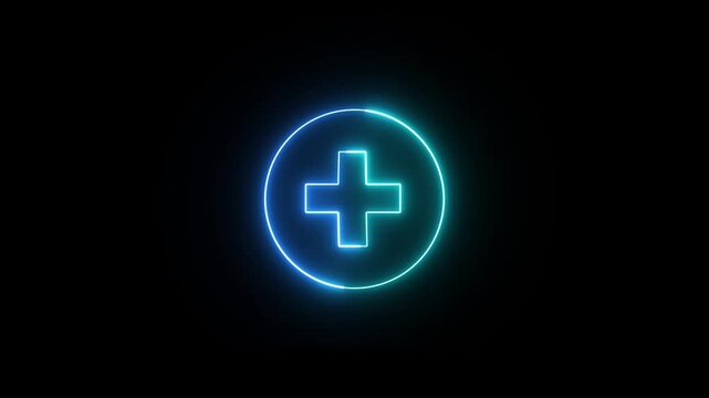 Abstract neon medical cross icon animation. Neon medical cross icon animation on black wall.
