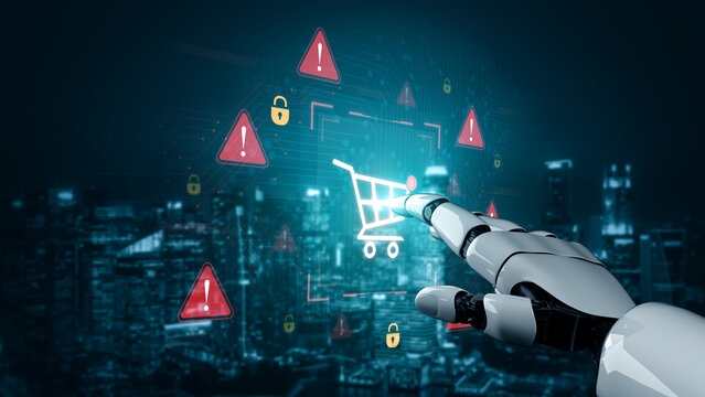 An AI assistant detects a cybersecurity risk during an online shopping transaction. The smart system issues a security warning to protect the user from potential payment fraud. Fermion