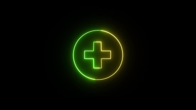 Neon line plus symbol icon simple positive plus icon animation on black background. Medical. Help. Positive. User interface element. Medical cross icon animation.