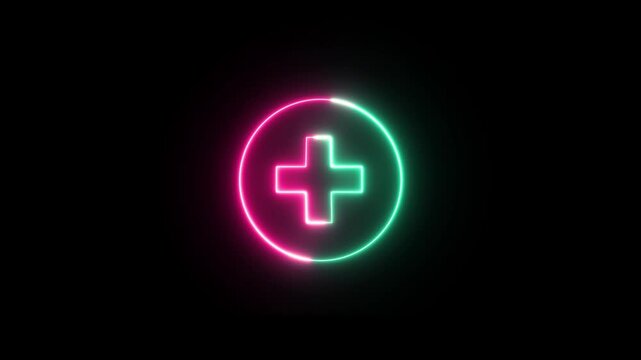 Neon line plus symbol icon simple positive plus icon animation on black background. Medical. Help. Positive. User interface element. Medical cross icon animation.