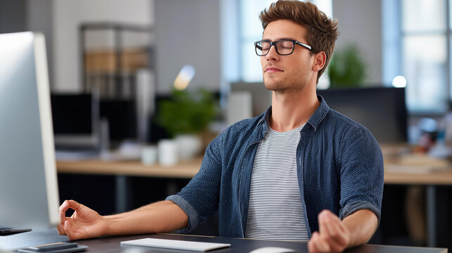 Young man meditating at his office desk with eyes closed and breathing deeply, workplace mindfulness and stress relief during a busy workday concept, defocused background, with