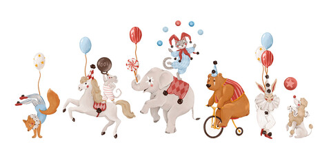 Circus animals collection with elephant, bear, horse, bunny and fox, isolated watercolor clipart set. Cute characters for nursery design, posters, invitations and kids products © Eva Gentle