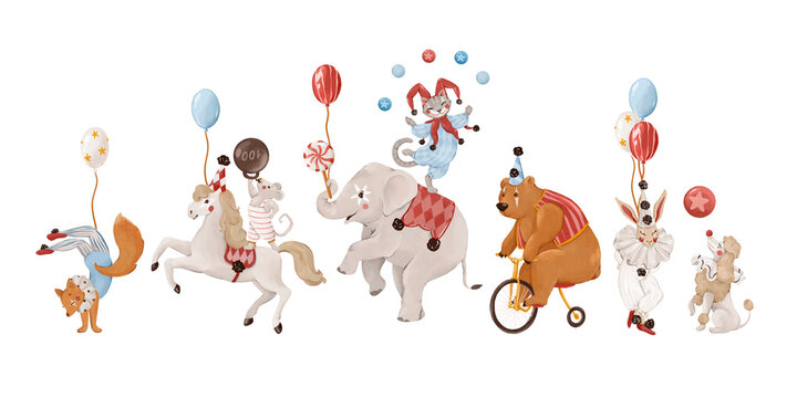 Circus animals collection with elephant, bear, horse, bunny and fox, isolated watercolor clipart set. Cute characters for nursery design, posters, invitations and kids products
