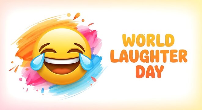 World laughter day with laughing emoji and colorful abstract paint splatters.