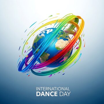 International dance day celebration poster with earth globe and colorful artistic strokes.