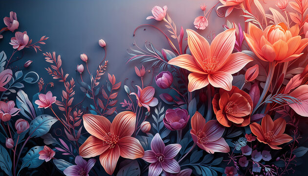 3D bluish purple flowers floral desktop wallpaper