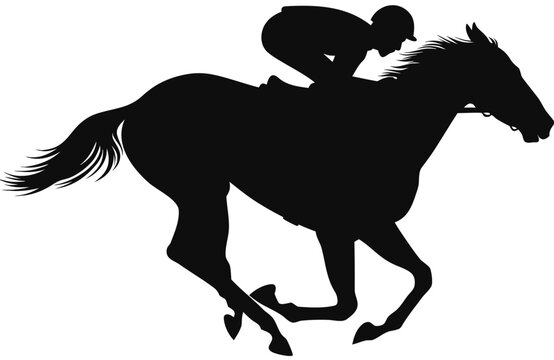 Jockey Riding Thoroughbred Silhouette Vector &ndash; Horse Racing Black and White Illustration