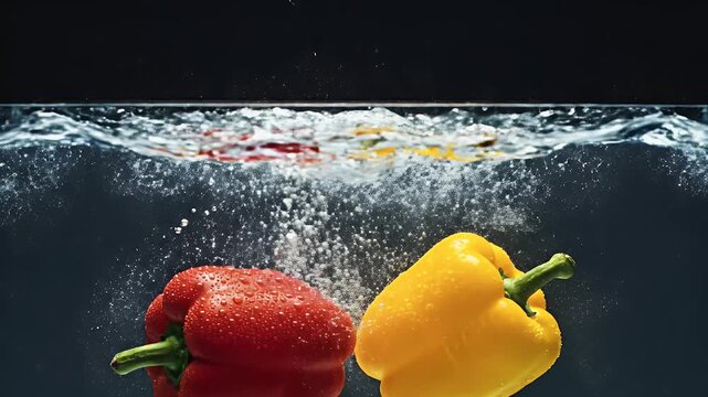 Red and yellow peppers submerged in water, creating a splash and bubbles