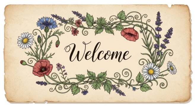 Hand-drawn floral wreath with "Welcome" text in elegant script on vintage paper