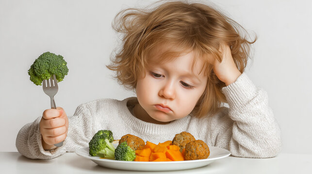 Toddler refusing to eat vegetables, bored child holding broccoli with plate of healthy food, picky eating and kids nutrition concept