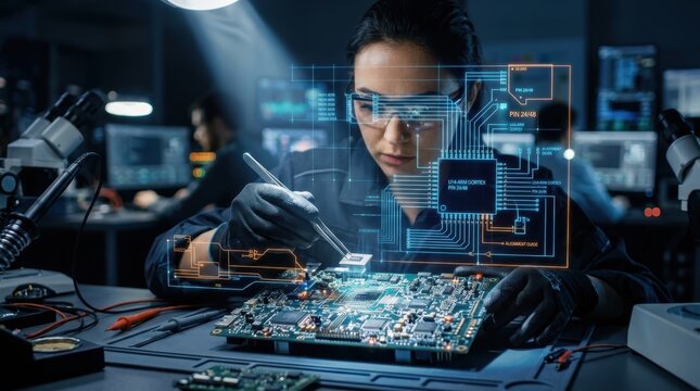 Focused engineer meticulously assembling advanced electronic circuit with holographic schematic overlay