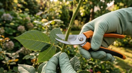 Obraz premium Gardener's gloved hands carefully prune a rose stem with pruning shears in a vibrant garden setting, promoting healthy plant growth and care