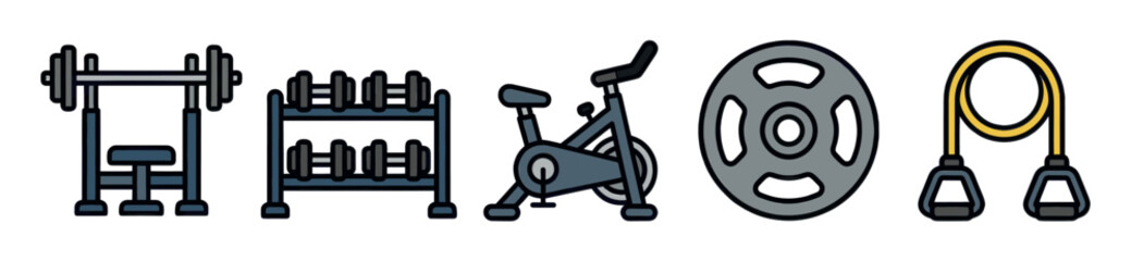 Fototapeta premium A colorful flat icon illustration showcasing a collection of gym equipment including a barbell, dumbbells, stationary bike, weight plate, and jump rope on a white background.