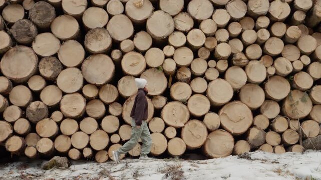 A woman walks along a path near a wall of stacked logs in a forest. The logs show circular cuts, and snow covers the ground around the stacks.