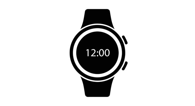 Modern smartwatch icon displaying 12:00, a digital wearable technology device for timekeeping and smart features symbol