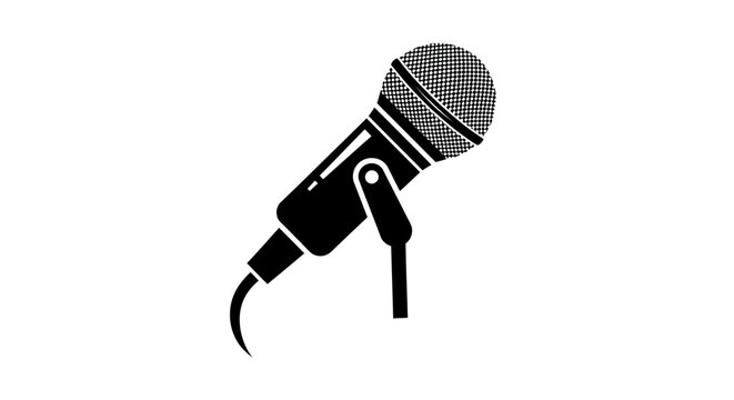 Classic microphone icon with stand and cable. Black and white vector graphic for audio recording, music, broadcast, and speech.