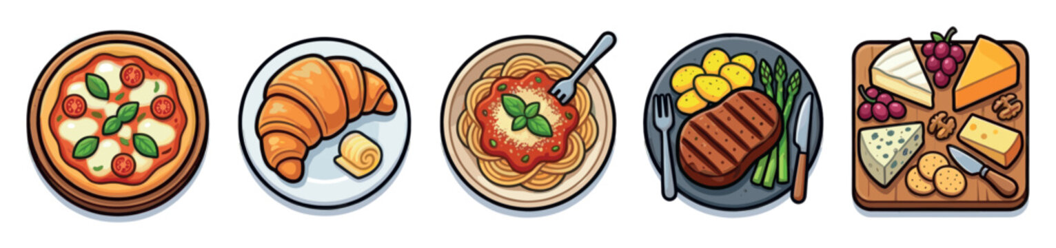 A colorful cartoon collection of diverse food items including pizza, croissant, pasta, steak dinner, and cheese board on a white background.
