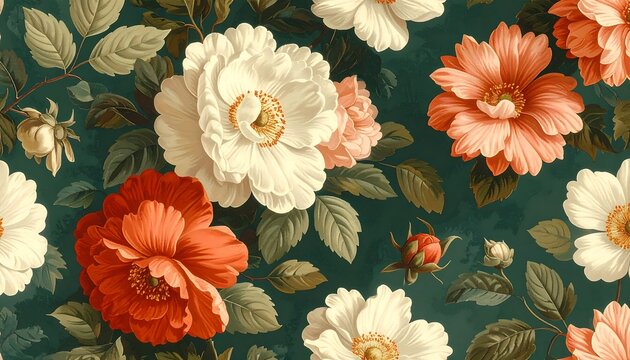A vibrant floral pattern with white, orange, and red flowers on a dark green background