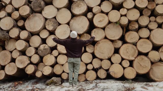 A woman looks up at a tall wall made of stacked logs in a forest. The ground is covered with snow and trees surround the area, showing the beauty of nature.