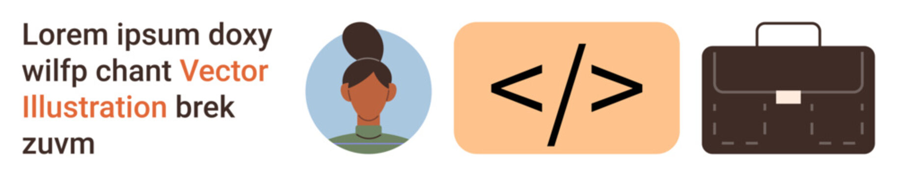 Technology, business identity, web programming, professional branding, design services, career . Female avatar, code ation and professional briefcase visuals. Technology and business identity