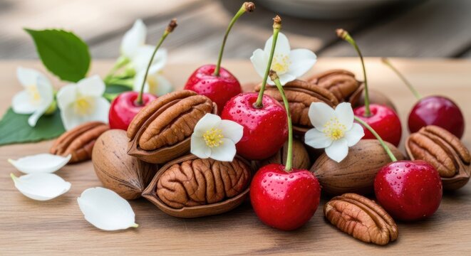 Cherries and pecans arranged on a wooden surface with white flowers and green leaves in the background. The cherries are bright red and glossy, while the pecans have a rich brown color. 