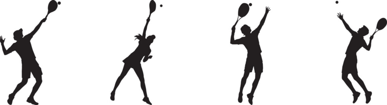 A collection of silhouettes of a tennis player in action serving the ball, capturing athleticism and focus.