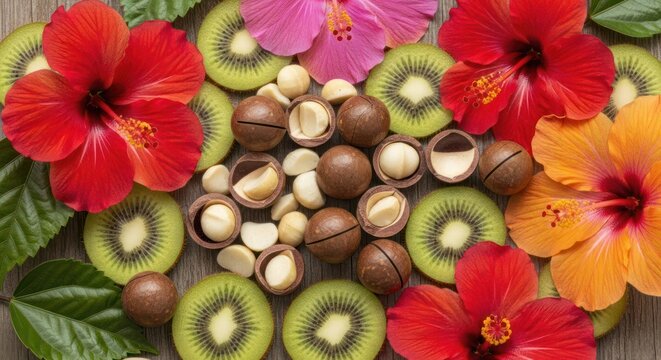 A vibrant arrangement of tropical flowers and sliced kiwi with macadamia nuts, set against a backdrop of green leaves