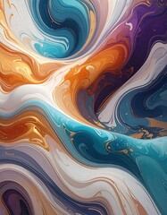 Fototapeta premium Fluid swirls turquoise, orange, white, and violet waves