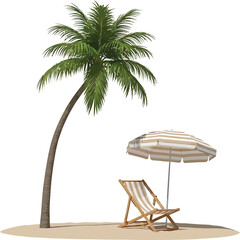 Palm Tree Beach Chair and Umbrella on Sandy Island © Yusra
