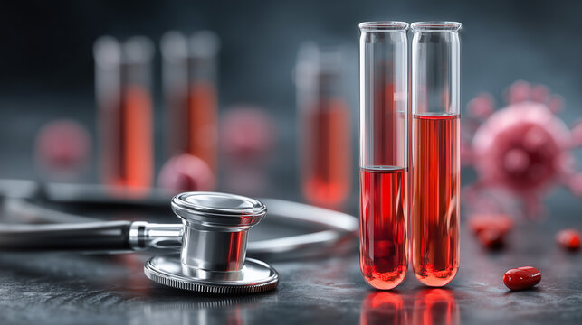 Scientists study blood samples in test tubes during laboratory research on human health and disease