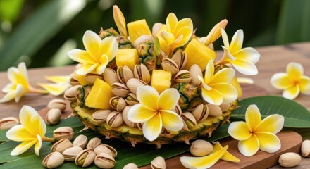 Obraz premium A pineapple centerpiece decorated with mango slices, pistachios, and frangipani flowers on a wooden surface. The background features green foliage, creating a tropical and vibrant setting.
