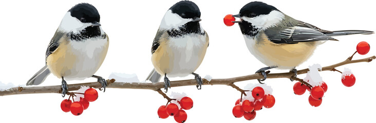 Black-capped Chickadee Birds on Snowy Branch with Red Berries © Yusra