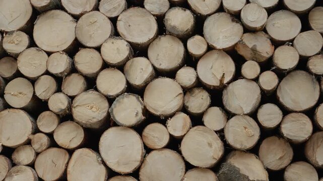 The image shows stacked wooden logs in a natural setting. The logs display circular cuts that show annual rings. This setting captures the forest environment.