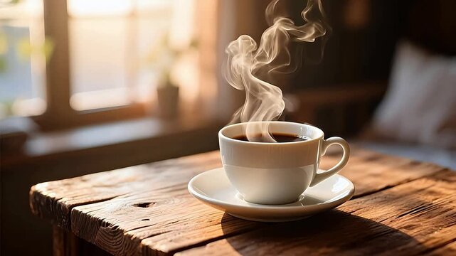 Steaming coffee cup on wooden table