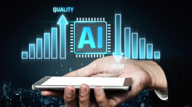 Hand Holding Smartphone with AI Quality and Cost Graphs Illustrating Technology and Innovation in Business Strategy Sigmoid