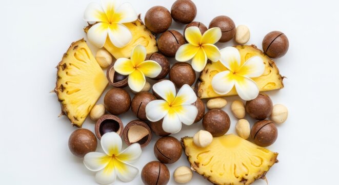 A vibrant arrangement of tropical fruits and flowers on a white background. The composition includes slices of pineapple, macadamia nuts, and plumeria flowers, creating a colorful and exotic display.