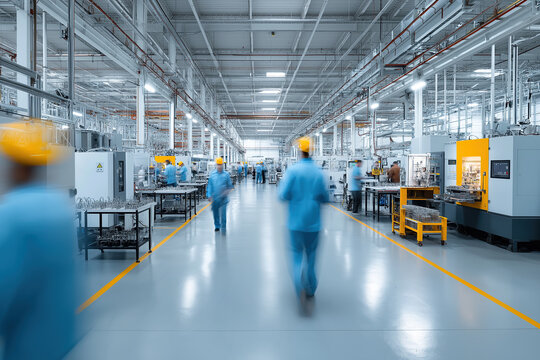 Bright production hall shows moving staff, orderly machines, expansive aisles, and sterile atmosphere inside modern industrial plant.. Motion blur