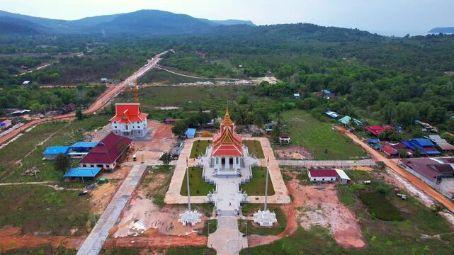 Drone shot from the Buddhist temple in Koh Ron Island, Cambodia. 