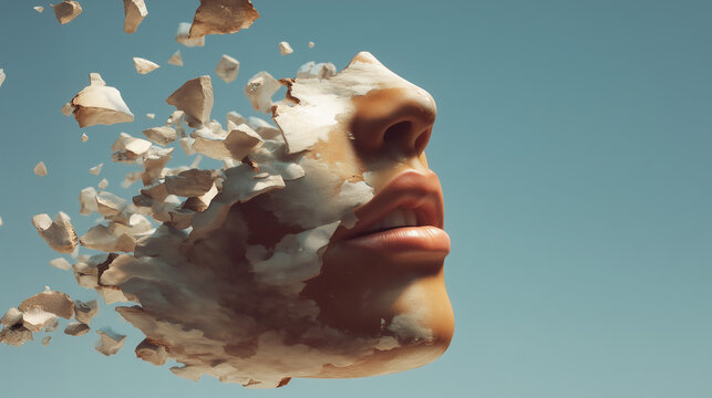 Surreal Cracked Skin Portrait Fragmenting Face Concept of Identity Decay and Transformation in Minimal Background