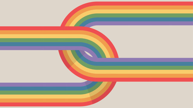 Abstract retro background with interlocking rainbow stripes. Vintage 70s groovy geometric pattern with colorful wavy lines for nostalgic posters, creative banners, and modern minimalist decor.