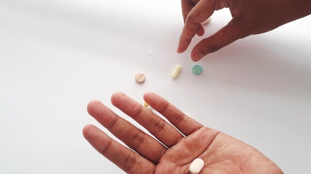Close-up of a young man's hand picking up various medicinal pills and capsules from a white background. This footage illustrates healthcare, medication intake, pharmacy supplements, or drugs concepts