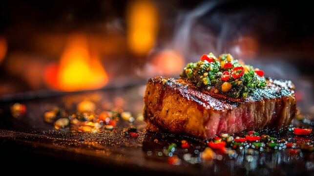 Sizzling grilled beef steak topped with fresh herb gremolata and chili pepper flakes served on a hot stone plate with warm fire glow background for culinary dining