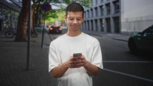 Man scrolling smartphone with hands visible, looking down on street by modern building and parked car; quiet contemplation.