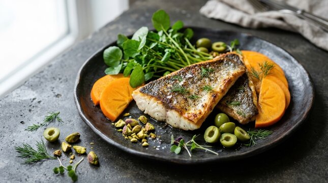 Expertly Seared Sea Bass Fillets with Fresh Garnish and Vibrant Accents on a Dark Plate