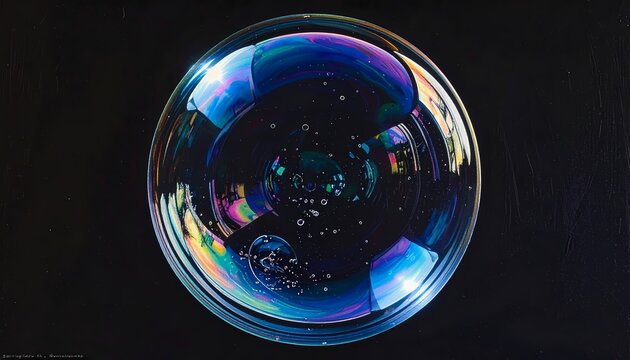 Iridescent soap bubble with vibrant reflections on black background