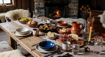 Fototapeta premium Cozy rustic meal spread on wooden table with glowing fireplace in background